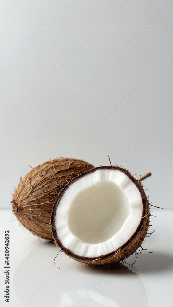 Halved Coconut with White Flesh on a Minimalist Background Halved Coconut with White Flesh on a Minimalist Background
