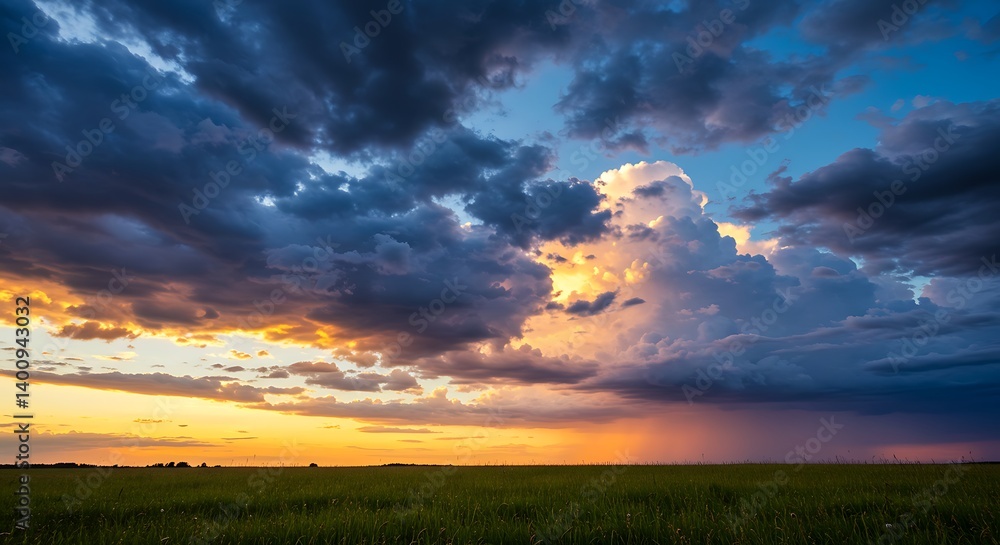 Dramatic storm clouds over a green field at sunset with beams of sunlight illuminating the horizon and the impending rain shaft. Dramatic storm clouds over a green field at sunset with beams of sunlight illuminating the horizon and the impending rain shaft.