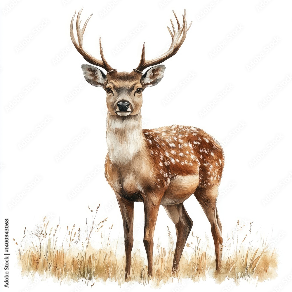 Obraz premium Majestic stag in a golden meadow. A detailed illustration of a deer, showcasing its intricate features and the environment it inhabits