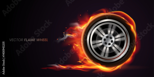 Fast spinning car wheel with fire. Burning wheel with blurred motion effect in realistic 3d style on black background. Element for your design. Vector illustration.