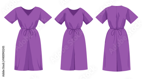Purple Short Sleeve V Neck Tie Waist Dress Multiple Views