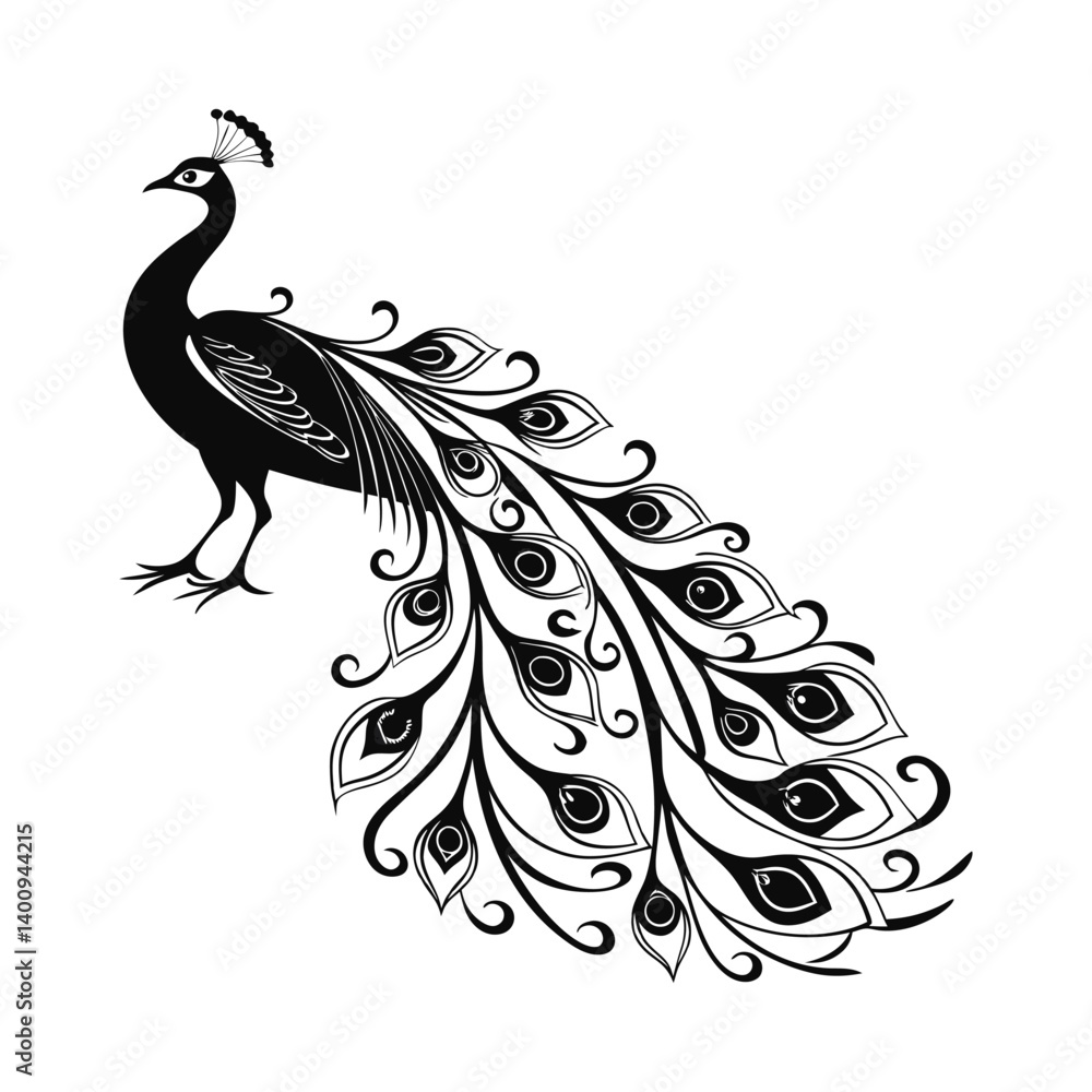 Fototapeta premium Regal Peacock Silhouette with Fanned Tail – Elegant Black Vector Design