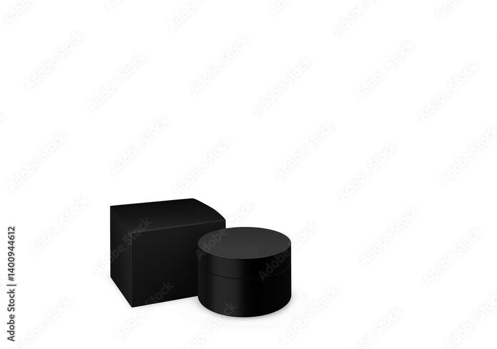 A minimalistic design featuring a black cylindrical container and a square box, likely for packaging or cosmetic purposes. A minimalistic design featuring a black cylindrical container and a square box, likely for packaging or cosmetic purposes.