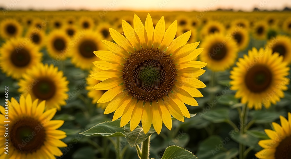 Obraz premium Field of sunflowers in full bloom, radiant and golden, stretching towards the soft light of dusk. Natural beauty abounds.