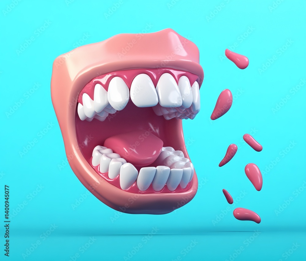 Naklejka premium 3D Render of Open Mouth with Teeth and Gums, Pink and White