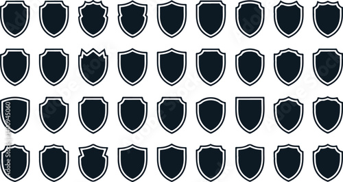 Set of blank black shield silhouettes. Vector icon collection of security badges, medieval crests, protection emblems for design and branding