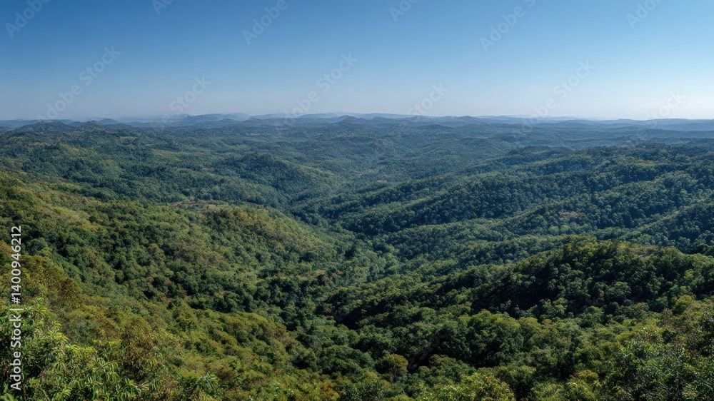 Lush green hills stretch across a vast landscape under a clear blue sky. Lush green hills stretch across a vast landscape under a clear blue sky.