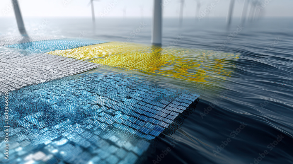 Offshore solar panels and wind turbines in hybrid renewable energy system, blending innovation and sustainability