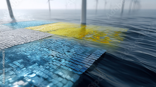 Obraz na płótnie Offshore solar panels and wind turbines in hybrid renewable energy system, blending innovation and sustainability w salonie