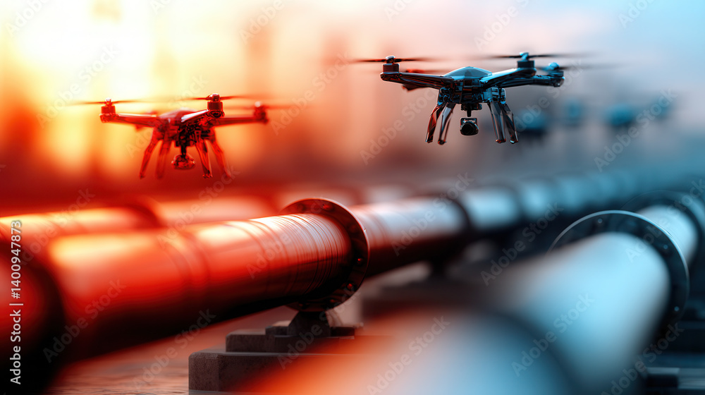 Drones monitoring oil pipelines during sunset, showcasing advanced technology and infrastructure
