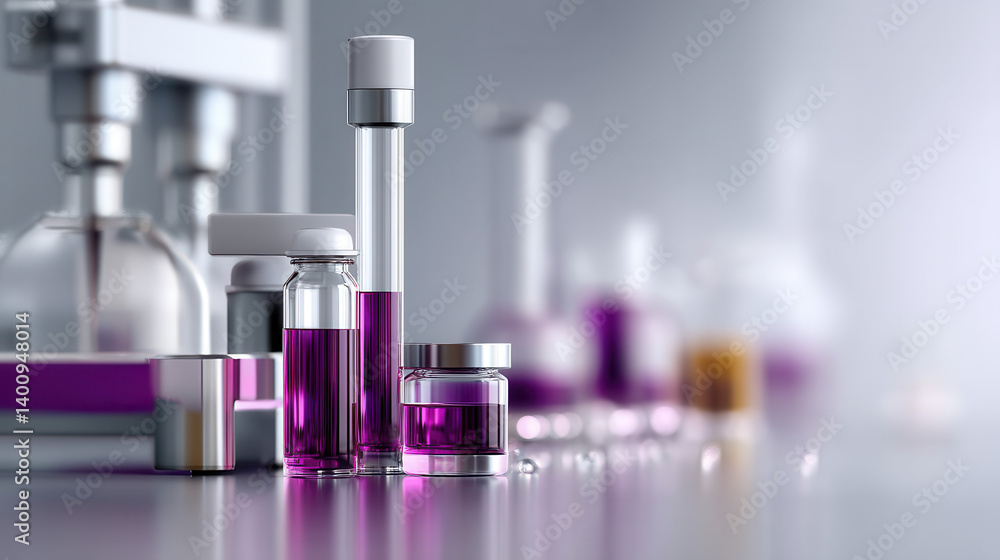 Laboratory glassware with purple liquid on reflective surface, symbolizing scientific research and innovation