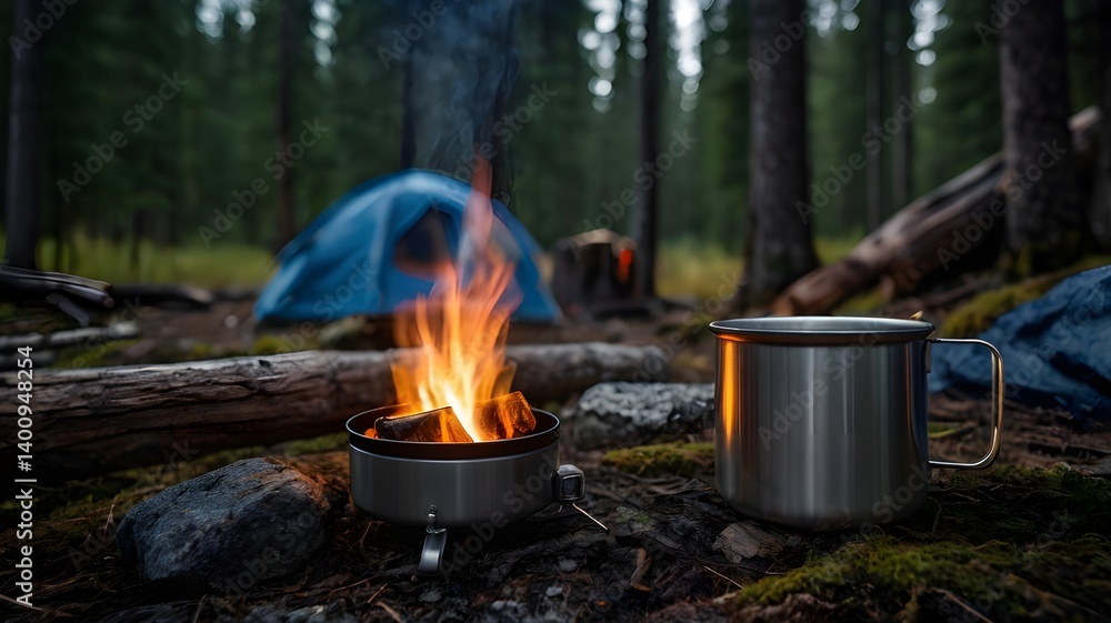 Cozy camping scene with a stainless steel mug heating on a mini camp stove, fire glowing underneath, forest and tent blurred in the background,Generative Ai
Cozy camping scene with a stainless steel mug heating on a mini camp stove, fire glowing underneath, forest and tent blurred in the background,Generative Ai