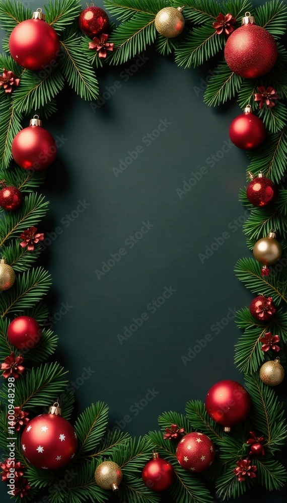 Elegant Christmas frame of classic ornaments and greenery , pine, frame Elegant Christmas frame of classic ornaments and greenery , pine, frame