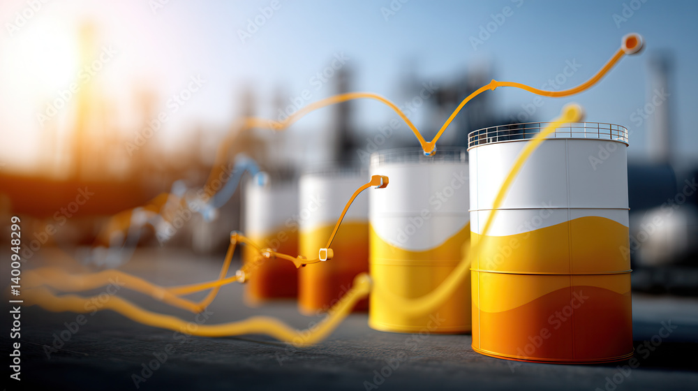 Oil storage barrels with trading graph lines in sunny industrial setting