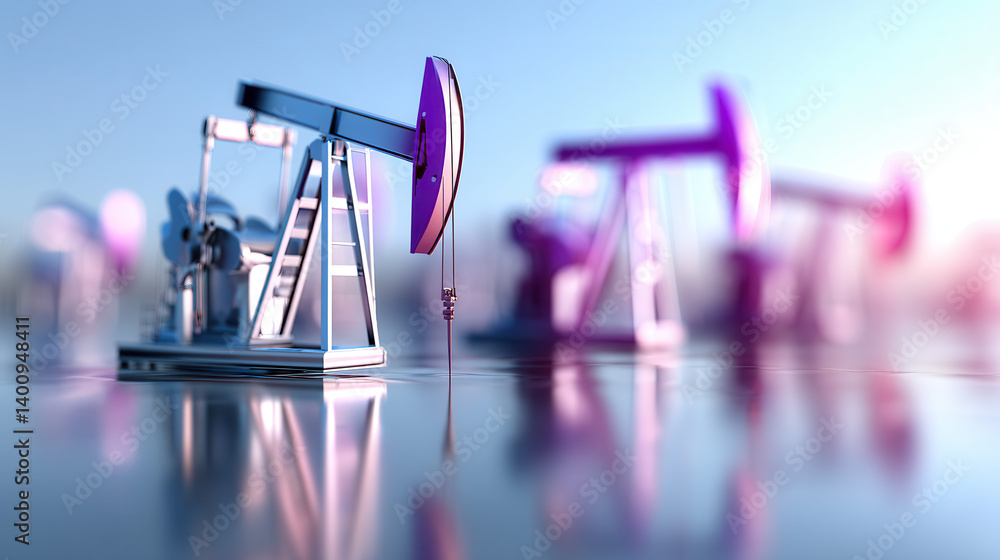 Oil pumpjacks in vibrant landscape, reflecting on glossy surface, symbolizing energy production and industrial progress