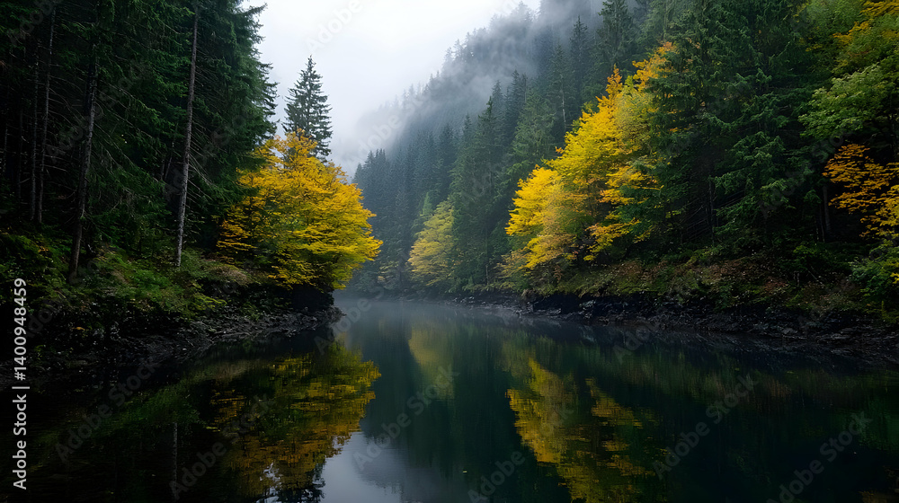 Fototapeta premium Autumn Foliage Reflecting In Calm River