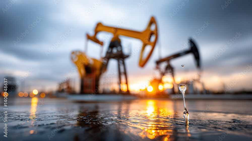 Oil pumpjacks at sunset with water droplet in focus, symbolizing energy transition and environmental impact