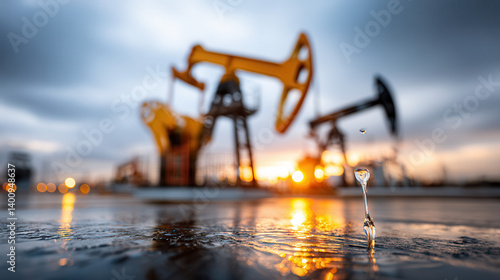 Obraz na płótnie Oil pumpjacks at sunset with water droplet in focus, symbolizing energy transition and environmental impact w salonie