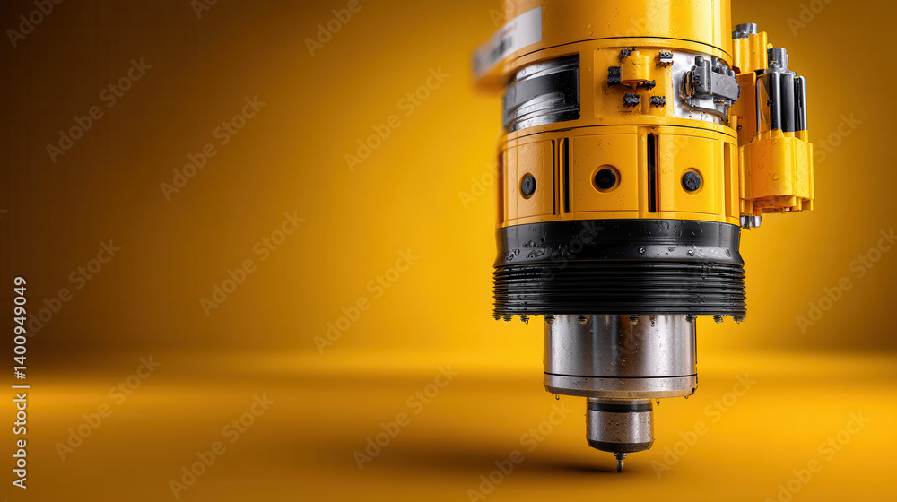 Close up of yellow industrial drilling machine head with precision components, set against vibrant yellow background
