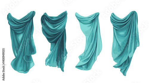 Teal Drapery Set:  Four Variations of Draped Fabric Against White Background