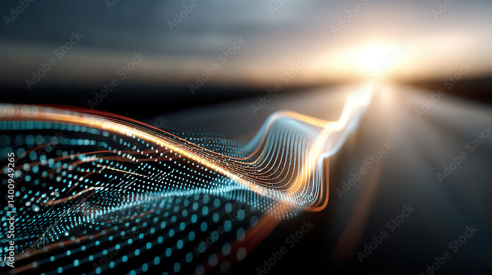Abstract digital wave with glowing lines and dots, symbolizing innovation and technology in futuristic landscape