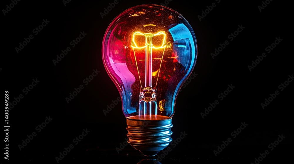 A vibrant light bulb glows with colorful energy against a stark black backdrop, symbolizing bright ideas. A vibrant light bulb glows with colorful energy against a stark black backdrop, symbolizing bright ideas.