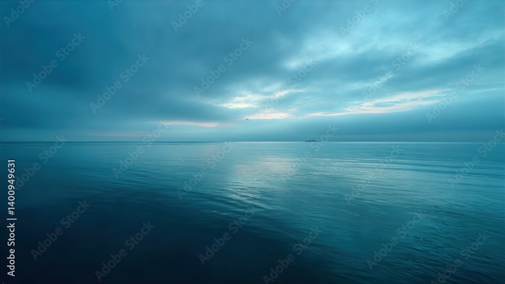 A serene seascape with calm water and a moody sky, shot in blue tones. A serene seascape with calm water and a moody sky, shot in blue tones.