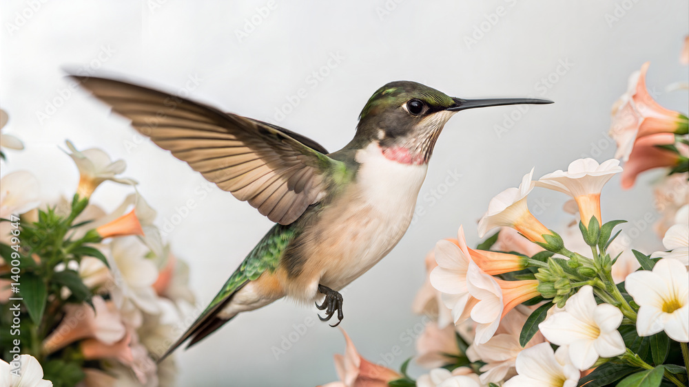 Fototapeta premium Hummingbird in Flight Amidst Delicate Pastel Flowers