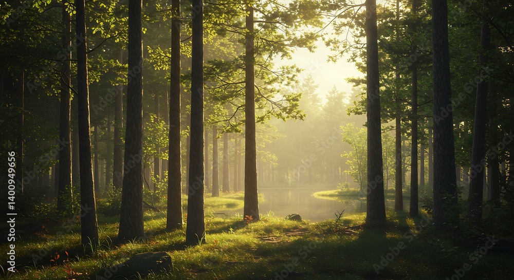 Sunlit forest scene: Tall trees stand in a tranquil wood, filtering sunlight. Lush greenery meets a serene lake, creating a peaceful ambiance. Sunlit forest scene: Tall trees stand in a tranquil wood, filtering sunlight. Lush greenery meets a serene lake, creating a peaceful ambiance.