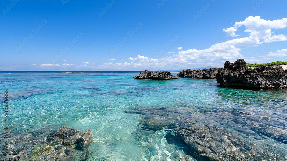 Fototapeta premium Clear Turquoise Water With Rocks At Beach
