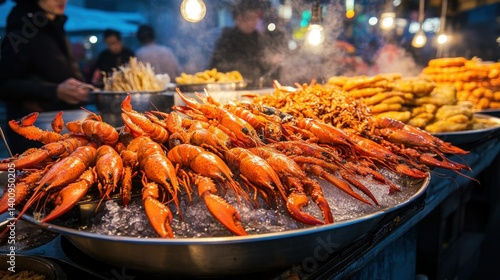 A bustling night market in China with stalls selling spicy crayfish, fried rice cakes, and grilled seafood under neon lights
