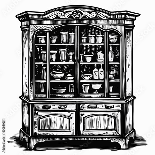 Vintage Wooden Cabinet with Glass Doors and Ornate Carvings