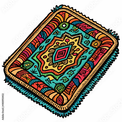 Colorful Abstract Tribal Rug Illustration with Geometric Patterns and Vibrant Colors