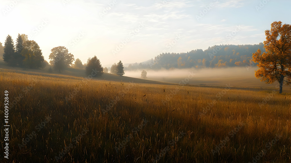 Obraz premium Misty Field At Sunrise With Golden Sunlight