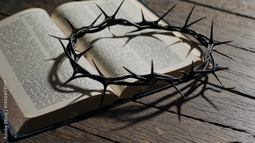 A close-up video shot of a crown of thorns resting on an open Bible, capturing a dramatic, contemplative atmosphere on a rustic wooden table. A close-up video shot of a crown of thorns resting on an open Bible, capturing a dramatic, contemplative atmosphere on a rustic wooden table.
