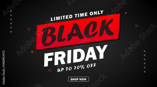 Black Friday Sale Banner Vector: Bold and modern Black Friday banner design with red and black color scheme, perfect for promotions and online ads.