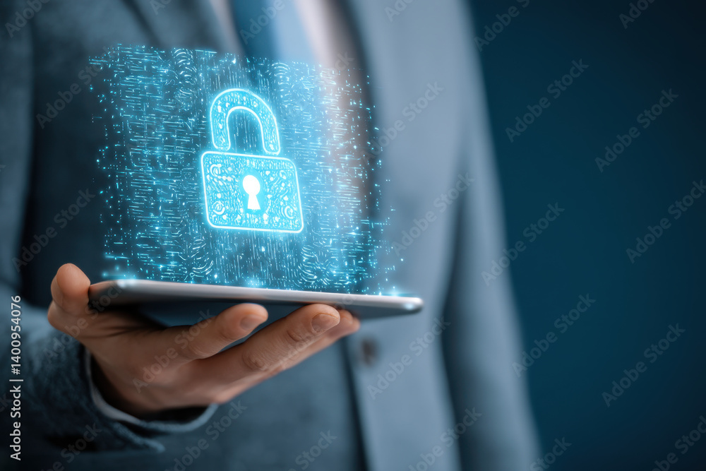 A person in a suit holds a smartphone displaying a holographic digital lock, signifying the importance of cybersecurity in artificial intelligence