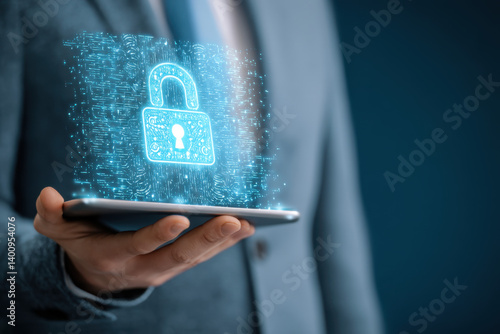 A person in a suit holds a smartphone displaying a holographic digital lock, signifying the importance of cybersecurity in artificial intelligence