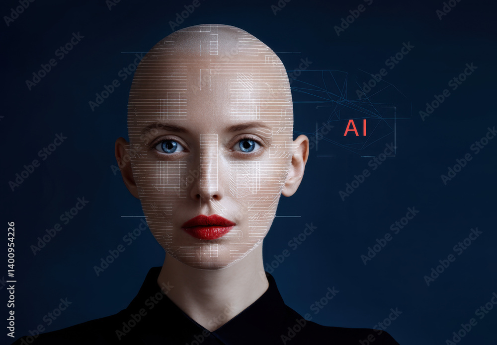 A lifelike artificial intelligence model displays advanced facial recognition capabilities with a striking expression and digital overlay