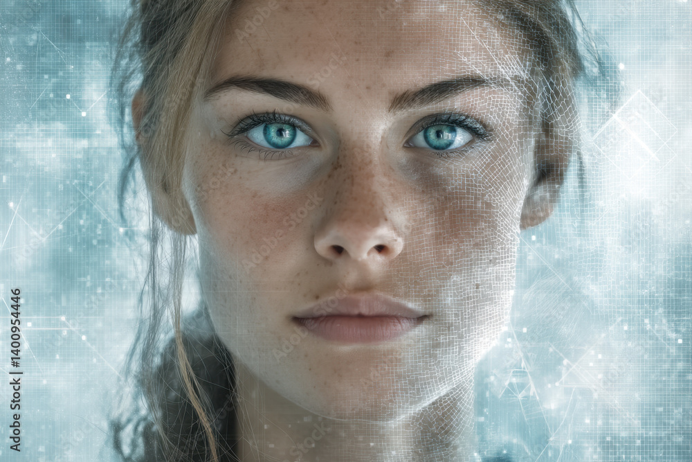 A young person with striking blue eyes and freckles gazes thoughtfully, surrounded by digital elements symbolizing artificial intelligence
