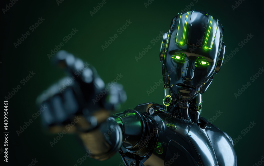 A sleek robotic figure with green illuminated features points forward amidst a dark, tech-inspired background, showcasing advanced design