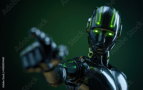 A sleek robotic figure with green illuminated features points forward amidst a dark, tech-inspired background, showcasing advanced design