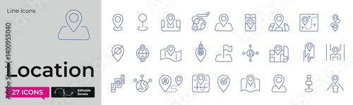 27 Line Location Icons – Thin Stroke Vector Set for Navigation, GPS,  Map UI and and Infographics