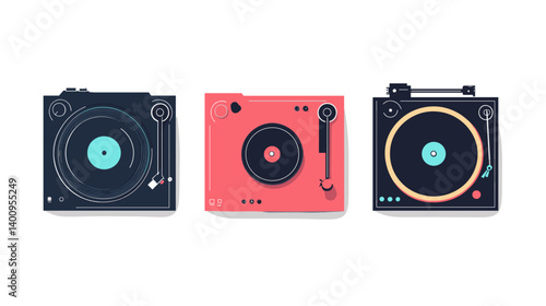 Three Colorful Pixel Art Turntables on White Background