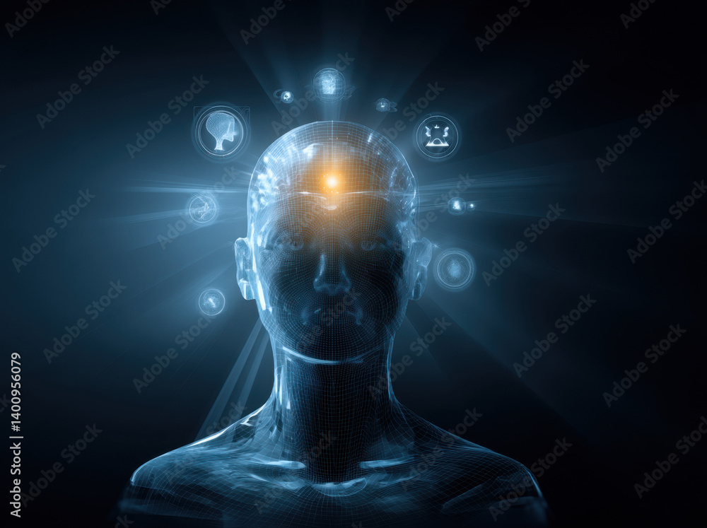 A digital rendition showcases a human-like figure illuminated by glowing symbols, representing concepts in artificial intelligence and cognition