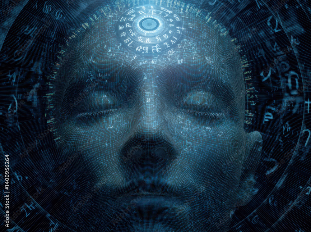 A visualization showcasing a human-like face formed by digital patterns and symbols, representing artificial intelligence and computational thought