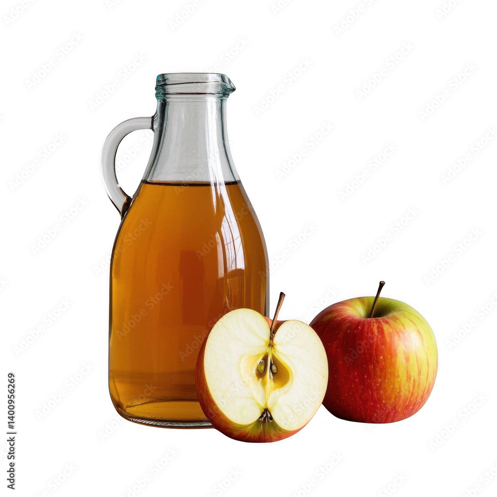 A rustic glass bottle of golden apple cider vinegar sits beside a halved and whole ripe red apple, symbolizing the natural goodness and health benefits of this remedy. transparent background. A rustic glass bottle of golden apple cider vinegar sits beside a halved and whole ripe red apple, symbolizing the natural goodness and health benefits of this remedy. transparent background.