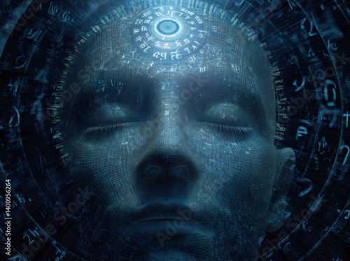 Obraz na płótnie A visualization showcasing a human-like face formed by digital patterns and symbols, representing artificial intelligence and computational thought w salonie