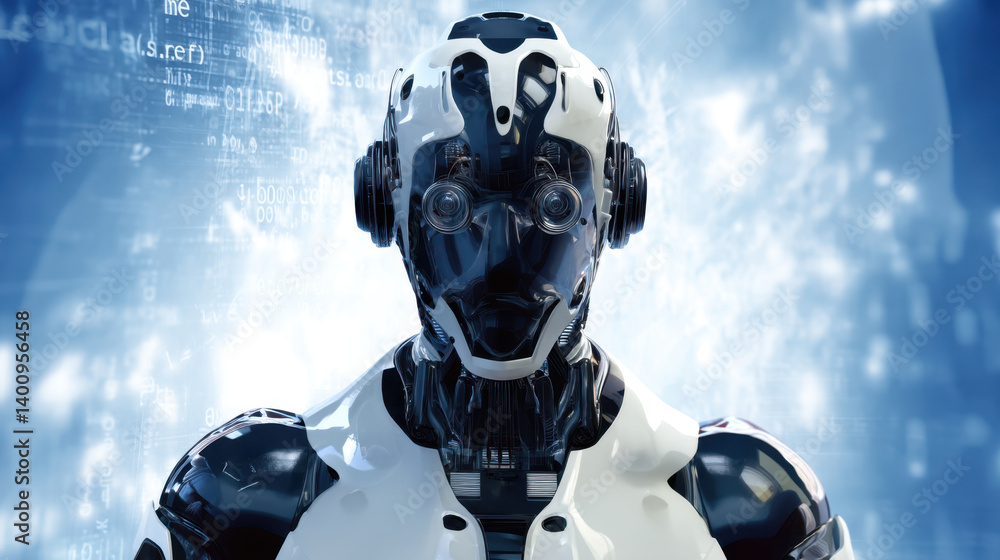 A humanoid robot showcases its advanced design, featuring intricate mechanical components and a sleek appearance, emphasizing its AI capabilities