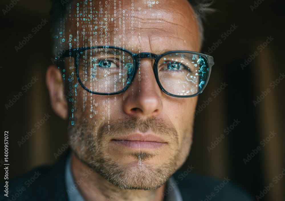 A thoughtful man with glasses contemplates artificial intelligence, surrounded by digital data symbols and binary code in a modern setting